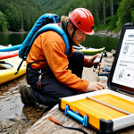 **Risk Analysis Checklist:** A detailed checklist being filled out by an instructor before an outdoor activity, with various safety gear and the surrounding environment (e.g., kayaks, climbing equipment) visible. Focus on the meticulousness of the process.