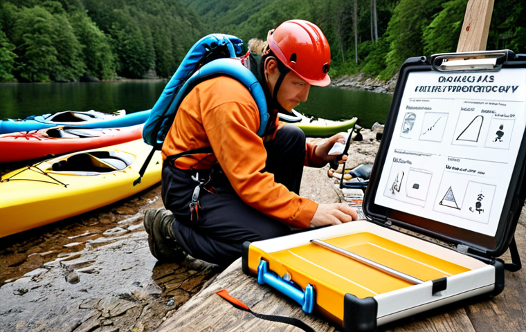 **Risk Analysis Checklist:** A detailed checklist being filled out by an instructor before an outdoor activity, with various safety gear and the surrounding environment (e.g., kayaks, climbing equipment) visible. Focus on the meticulousness of the process.