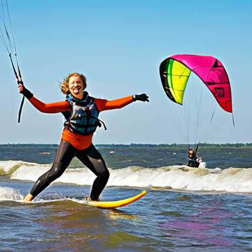 Home 14 **
A dynamic action shot of a young Polish instructor leading a kitesurfing lesson on the Baltic Sea. Bright, sunny day, colorful kites in the air, happy participants, and the instructor confidently demonstrating a move. The scene conveys energy, skill, and the uniqueness of specialized sports instruction. The overall impression is vibrant and professional.
**