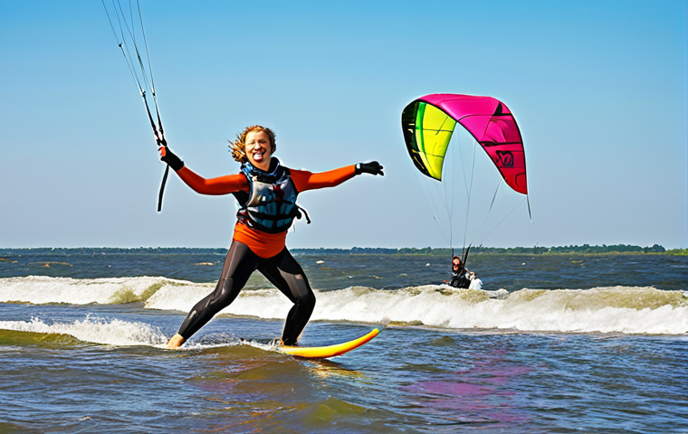 **

A dynamic action shot of a young Polish instructor leading a kitesurfing lesson on the Baltic Sea. Bright, sunny day, colorful kites in the air, happy participants, and the instructor confidently demonstrating a move. The scene conveys energy, skill, and the uniqueness of specialized sports instruction. The overall impression is vibrant and professional.
**
