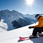 **

A snowboard instructor carving down a snowy slope in the Austrian Alps, sunlight glinting off the fresh powder, with picturesque mountain peaks in the background. The instructor is wearing professional gear and demonstrating perfect technique.

**